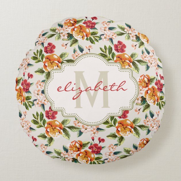 Elegant Vintage Watercolor Flowers Monogrammed Round Pillow