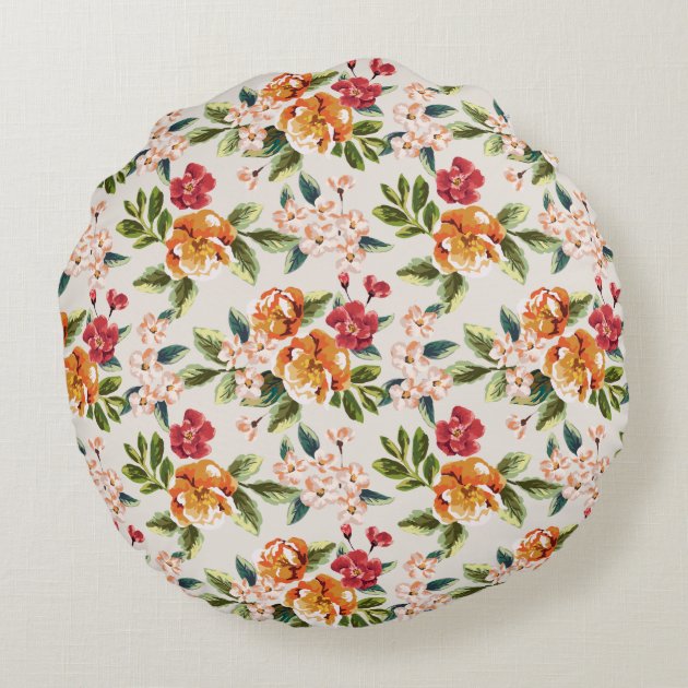 Elegant Vintage Watercolor Flowers Monogrammed Round Pillow