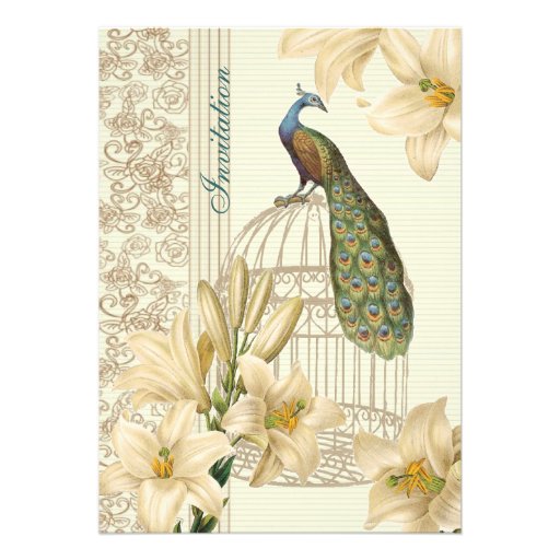 elegant Vintage white lily floral peacock wedding Custom Invitation