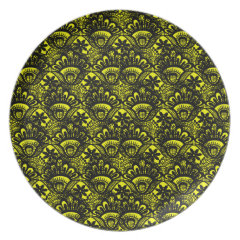 Elegant Vintage Yellow Black Damask Lace Pattern Plate