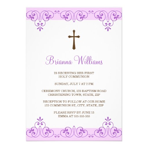 Elegant violet lace damask first communion invite