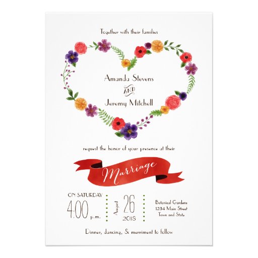 Elegant Watercolor Floral Heart Wreath Wedding Announcements