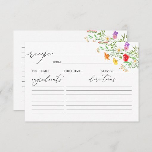 Elegant Watercolor Wildflower Recipe Card Zazzle