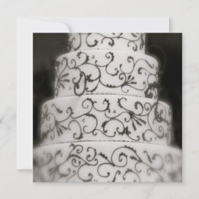 Close up photo of an ornate wedding cake in classic black and white