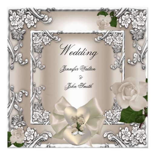 Elegant Wedding Cream Rose Silver White Invitation