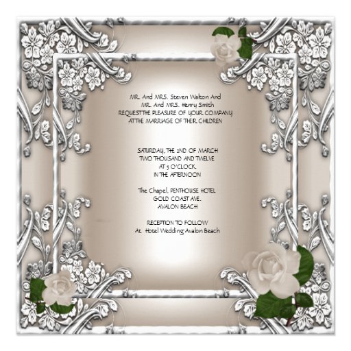Elegant Wedding Cream Rose Silver White Invitation