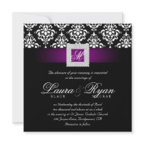 Elegant Wedding Damask Jewel Purple Black White Sq Custom Announcements