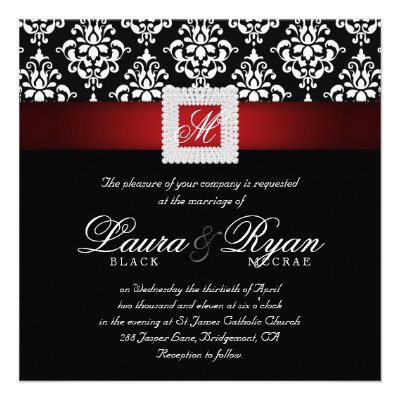 Elegant Wedding Damask Jewels Red Black White Sq Personalized Invitations