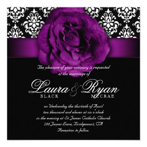 Elegant Wedding Damask Purple Rose Black White Custom Invitations
