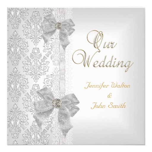 Elegant Wedding Damask Silver White Bow Set Invites