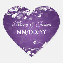 Elegant Wedding Date Cherry Blossom Purple Heart Stickers