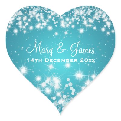 Elegant Wedding Date Winter Sparkle Blue Heart Stickers