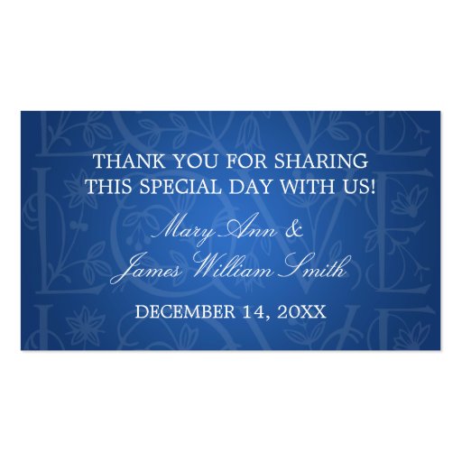 Elegant Wedding Favor Tag Love Flourish Blue Business Card Template (front side)