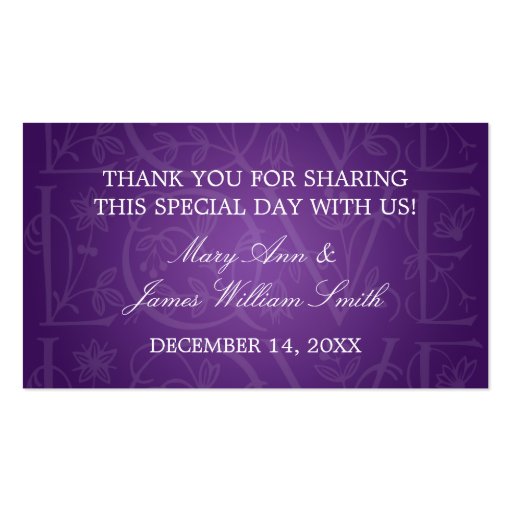 Elegant Wedding Favor Tag Love Flourish Purple Business Card (front side)