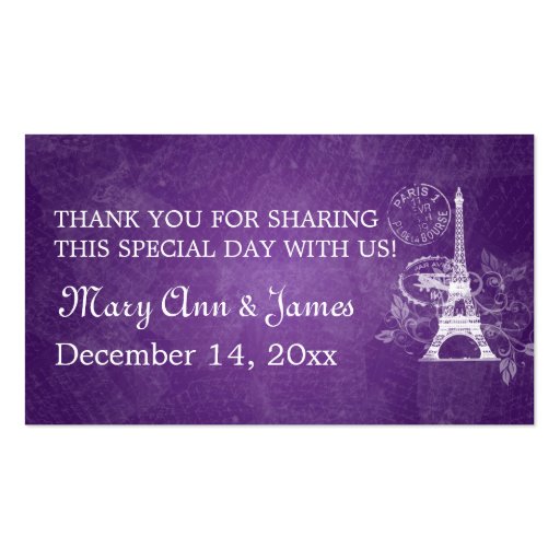 Elegant Wedding Favor Tag Romantic Paris Purple Business Card Templates (front side)