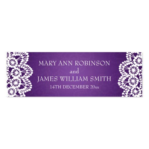 Elegant Wedding Favor Tag Vintage Lace Purple Business Card Templates (front side)