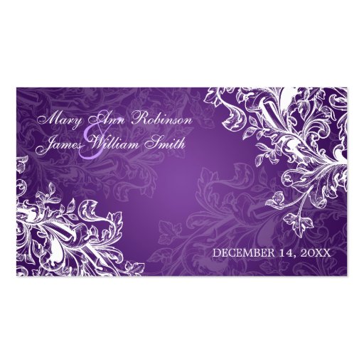 Elegant Wedding Favor Tag Vintage Swirls Purple Business Card Templates (front side)