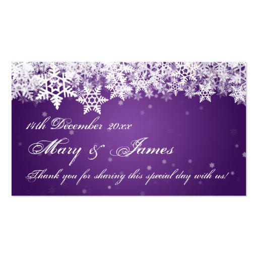 Elegant Wedding Favor Tag Winter Snowflakes Purple Business Card (front side)