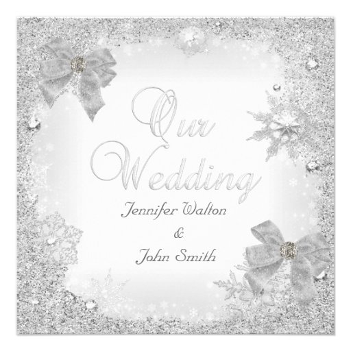 Elegant Wedding Glitter Silver White Bow Invite