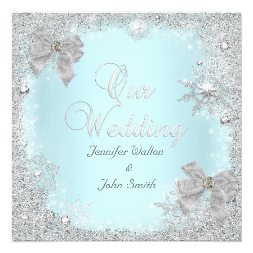 Elegant Wedding Glitter Teal Silver White Bow Custom Announcements