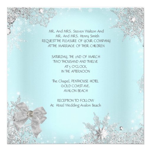 Elegant Wedding Glitter Teal Silver White Bow Custom Announcements