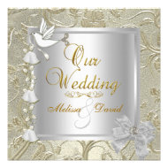 Elegant Wedding Gold Silver White Dove Damask Announcements