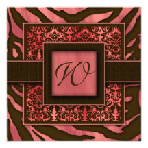 Elegant Wedding Invitation Zebra Damask Coral