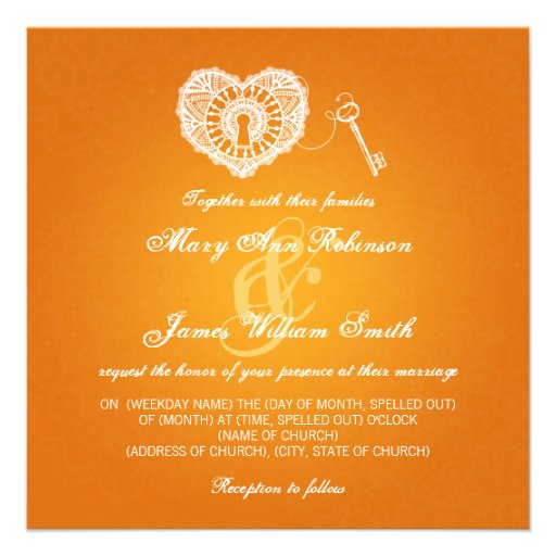 Elegant Wedding Key To My Heart Orange Invitations