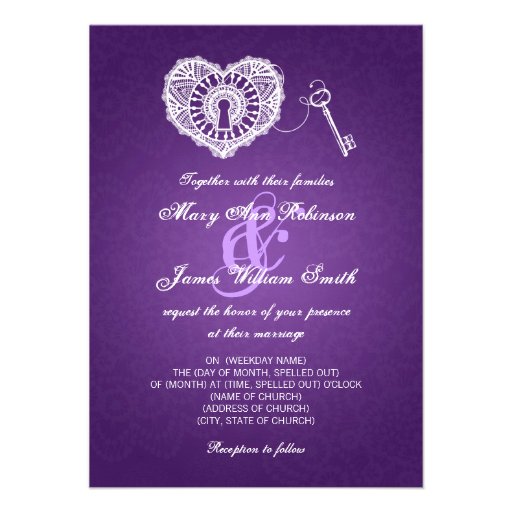 Elegant Wedding Key To My Heart Purple Custom Invite