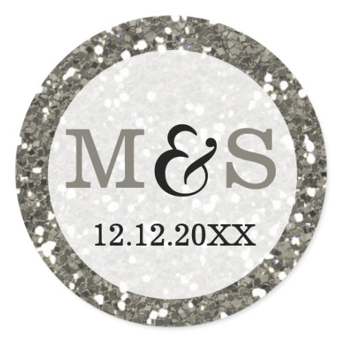 Elegant Wedding Monogram Seals | Silver Glitter Classic Round Sticker