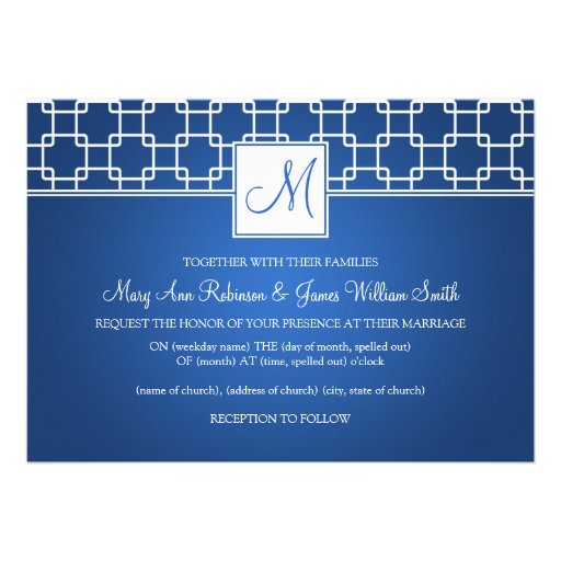 Elegant Wedding Monogram Trellis Pattern Blue Invitation