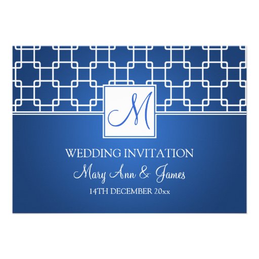 Elegant Wedding Monogram Trellis Pattern Blue Invitation