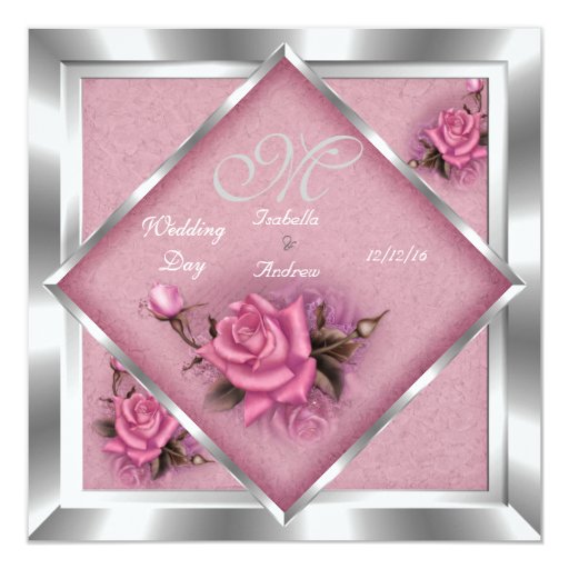 Elegant Wedding Pink Rose Silver Bouquet Card Zazzle