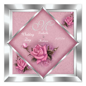 Elegant Wedding Pink Rose Silver Bouquet 5.25x5.25 Square Paper Invitation Card
