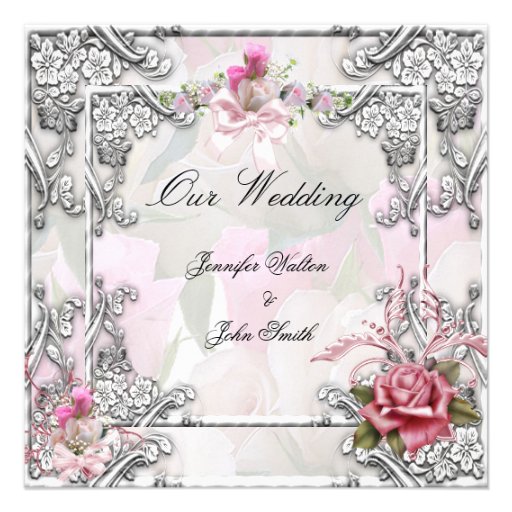 Elegant Wedding Pink Rose Silver White Custom Invitations