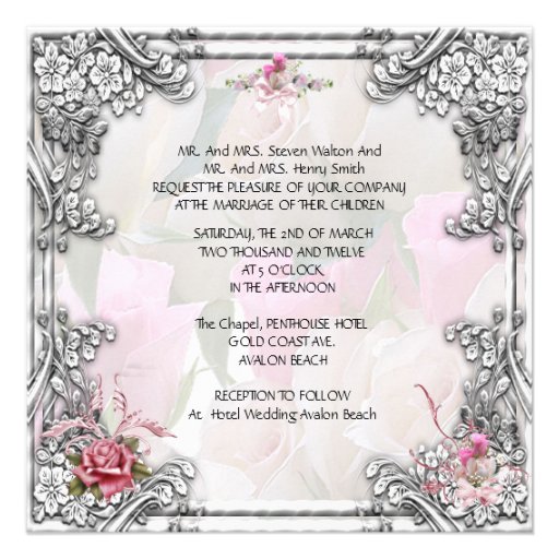 Elegant Wedding Pink Rose Silver White Custom Invitations