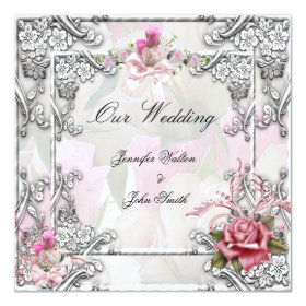 Elegant Wedding Pink Rose Silver White 5.25x5.25 Square Paper Invitation Card