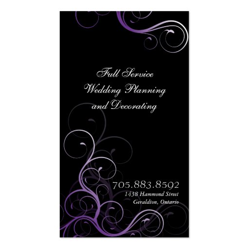 Elegant Wedding Planner Business Card Purple Swirl (back side)