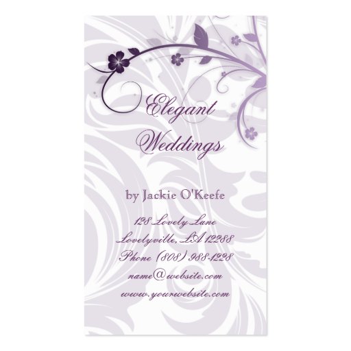 Elegant Wedding Planner Floral Leaf Purple Business Cards (back side)