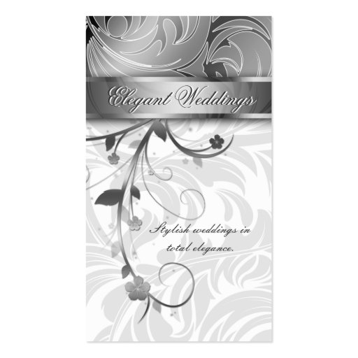 Elegant Wedding Planner Floral Leaf Silver Business Card Templates (front side)
