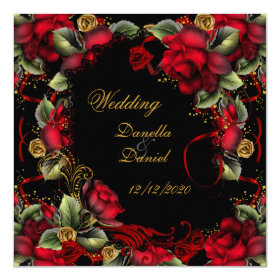 Elegant Wedding Red Roses Gold Black A 5.25x5.25 Square Paper Invitation Card