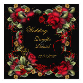 Elegant Wedding Red Roses Gold Black 5.25x5.25 Square Paper Invitation Card