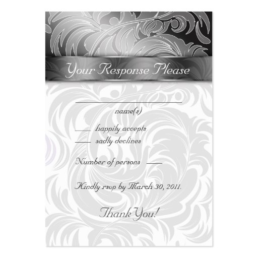 Elegant Wedding Response Cards Floral Leaf Silver Business Card Template (front side)