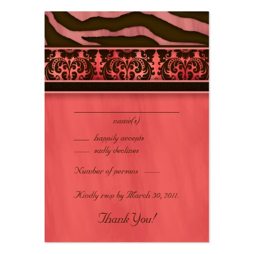 Elegant Wedding Response Cards  Zebra Damask CB Business Card (front side)
