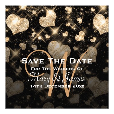 Elegant Wedding Save The Date Glitter Hearts Gold Announcements
