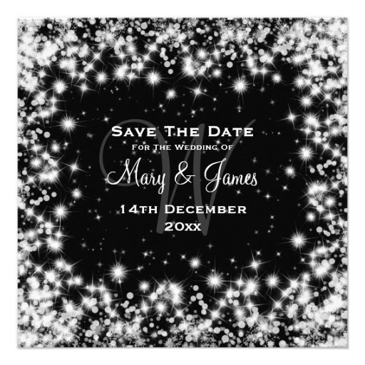 Elegant Wedding Save The Date Winter Sparkle Black Invite
