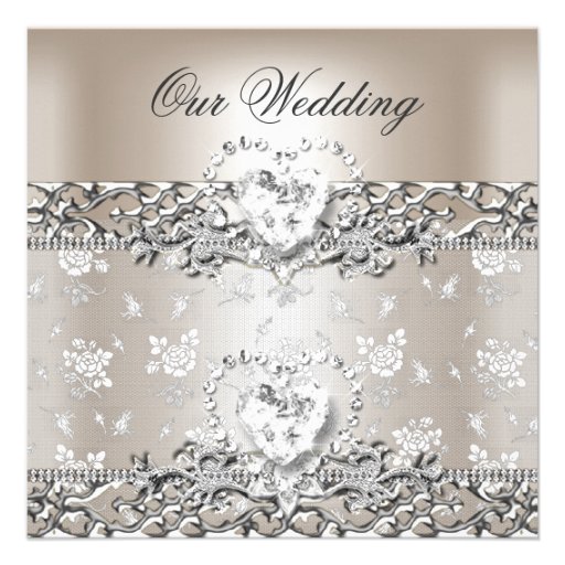 Elegant Wedding Silver Cream Diamond Heart Personalized Announcement