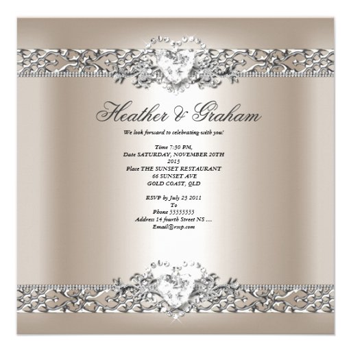 Elegant Wedding Silver Cream Diamond Heart Personalized Announcement