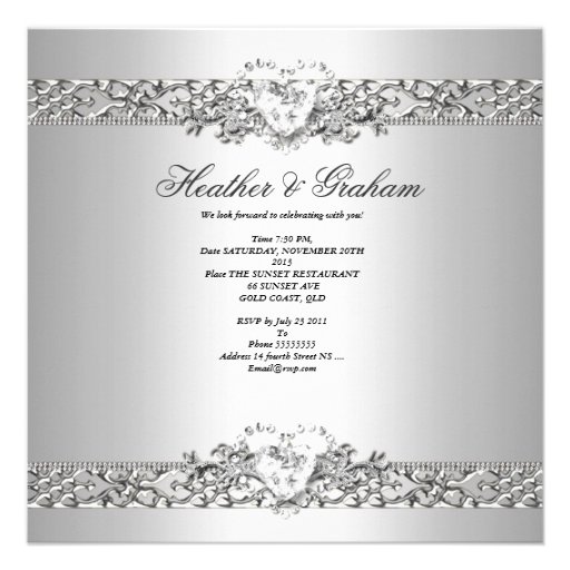 Elegant Wedding Silver White Diamond Heart Custom Invitation