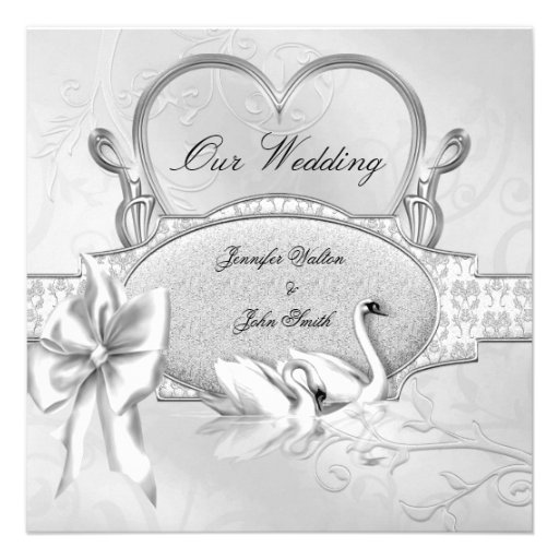 Elegant Wedding Silver White Swans Heart Bow Announcements